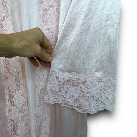 Vintage Avon Style Pink Satin Nylon Open Lace Trim Robe Midi Length Small Medium - Picture 5 of 9